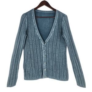 Womens Ribbed Knit Cardigan Sweater M Blue Teal Button Front V-Neck Long Sleeve